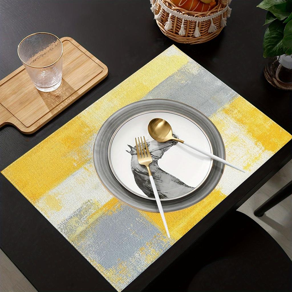 4PC Linen Placemats, Modern Abstract Art Design in Grey, White, and Yellow, Woven Rectangular Table Mats for Home