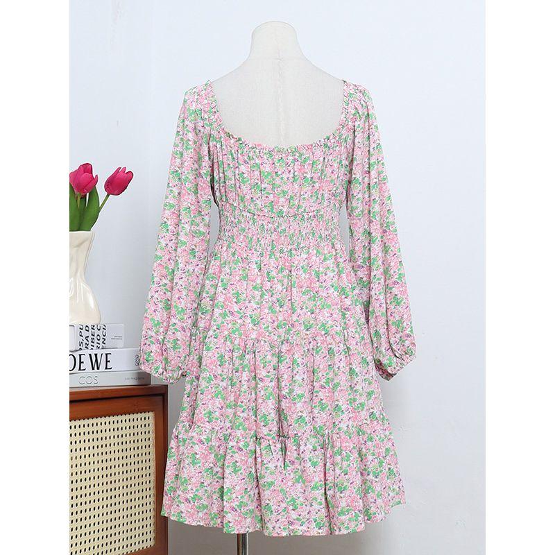 European and American Single Niche Design French Retro Oil Painting Floral V Neck Backless High Waist Slim Looking Silm Dress Female