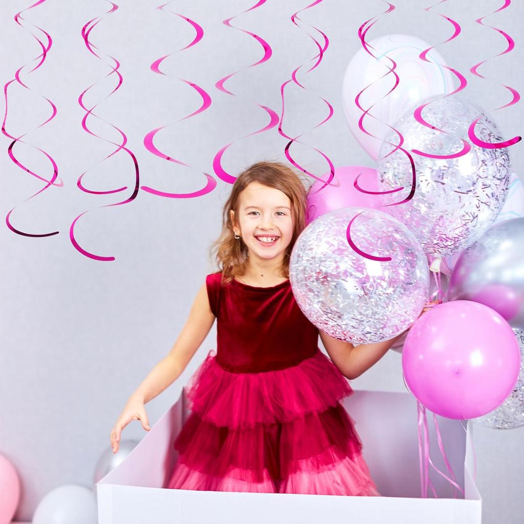 Fumwase 30 PCS Party Swirl Decorations Hot Pink Shinny Foil Hanging Swirl Decorations with Double-Swirls and Single-Swirls Plastic Streamer for