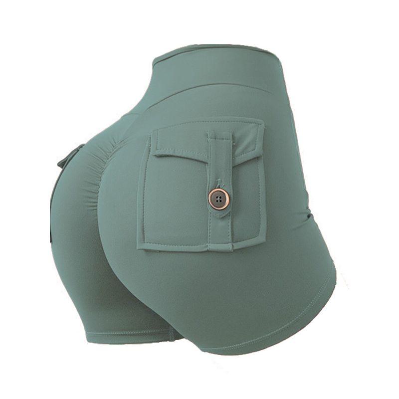 Fashion Fitness Peach Pants Tooling Style Tight Three-Point Sports Pants High Waist Stretch Hip Lift Button Running Women with Pocket