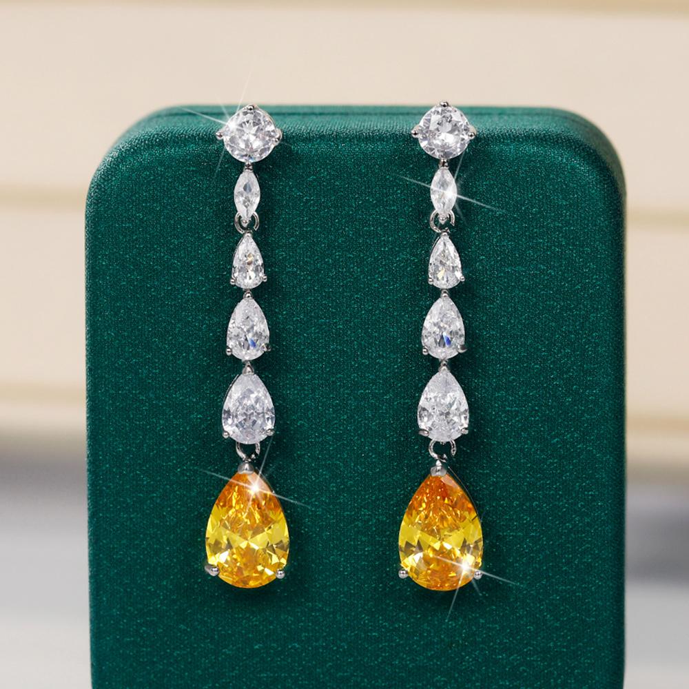 Huitan Bright Pear Yellow Cubic Zirconia Long Hanging Earrings Romantic Bride Wedding Accessory Luxury Fashion Jewelry for Women
