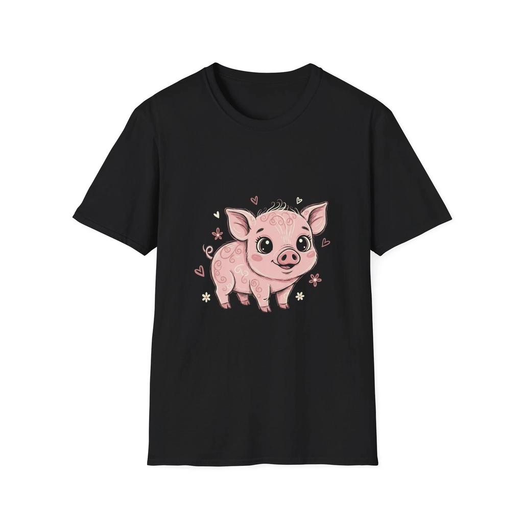 Pig Cute Kawaii Heart Floral Black Tee Cartoon Animal Graphic T-Shirt