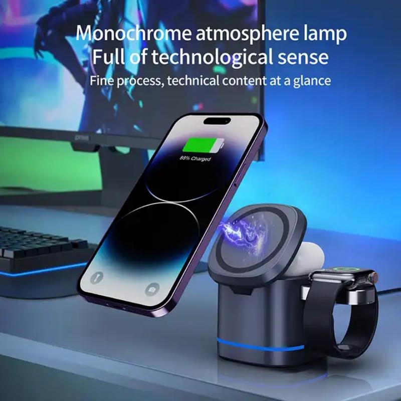 Multifunction Magnetic 3 In 1 Folding Wireless Charger 15W Fast Charging Dock