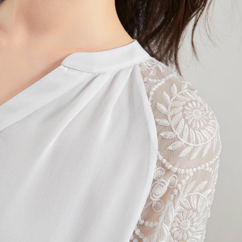 Summer V-neck raglan sleeves classic solid color women's shirt with mulberry silk three-dimensional embroidery splicing design