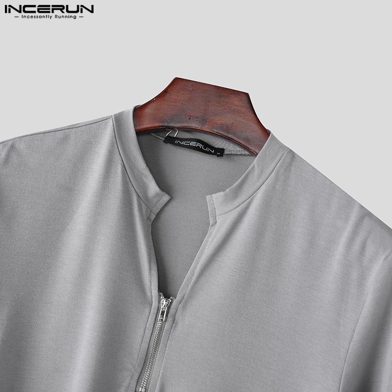 INCERUN Мужские футболки с длинным рукавом и застежкой-молнией, асимметричные, с разрезами, топы