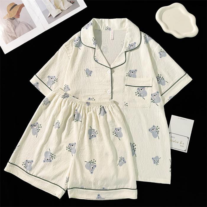 Summer Soft Cotton Women Pajamas Set Button Down Top Shorts 2 Pieces Sleepwear Nightwear Cute Loungewear for Women Korean