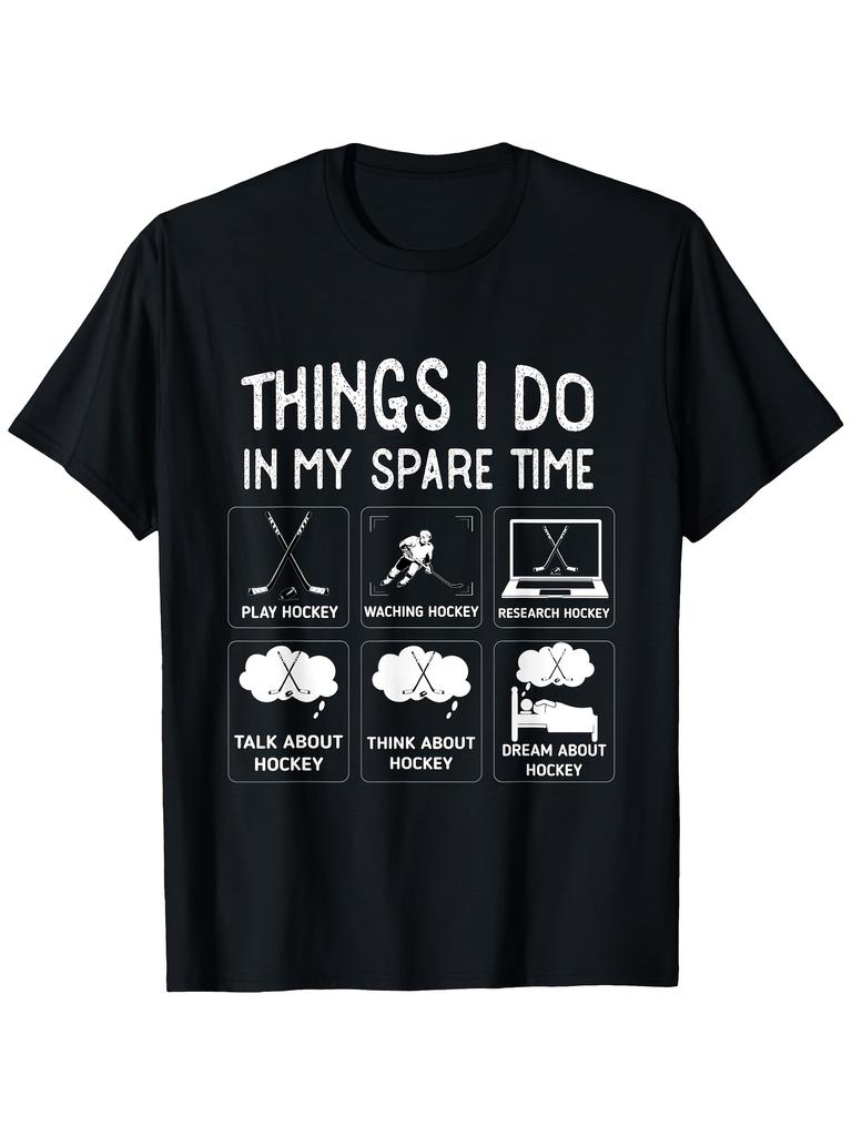 Men'S Funny Hockey Graphic T-Shirt | 100% Black Relaxed Fit with "Things I Do in My Spare Time" Ice Hockey Design, S-XXXL Sizes, P