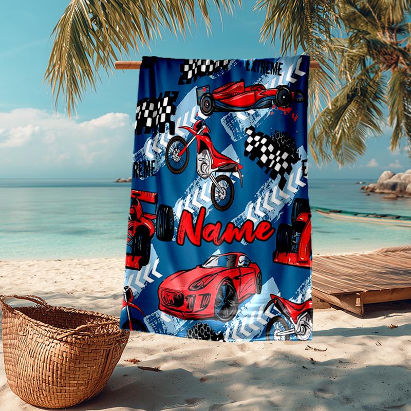 Custom Name Ultra-Soft Beach Towel with Racing Theme,Ideal for Pool - Camping, Diving - Perfect Travel Essential, Vibrant Beach Towel.