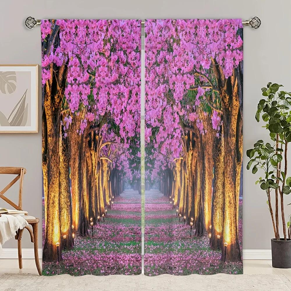 2 Panels Flower Path Printed Curtain Rod Pocket Semi Blackout Window Treatment For Bedroom Office Kitchen Living Room Study Home
