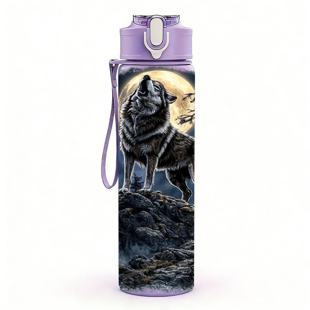 1PC Black Wolf Moon Night Dark Art Print 750ml Color Plastic Sports Water Bottle Leakproof Flip Straw Lid Suitable for Sports Office Home Use