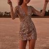 2025 Sexy Deep V Gold-Sprinkled Long-Sleeve Evening Dress for Women