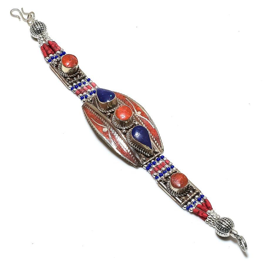 Red Coral Lapis Lazuli Bracelet Handmade Boho Tibetan Nepali Jewelry 7" NBB 3436