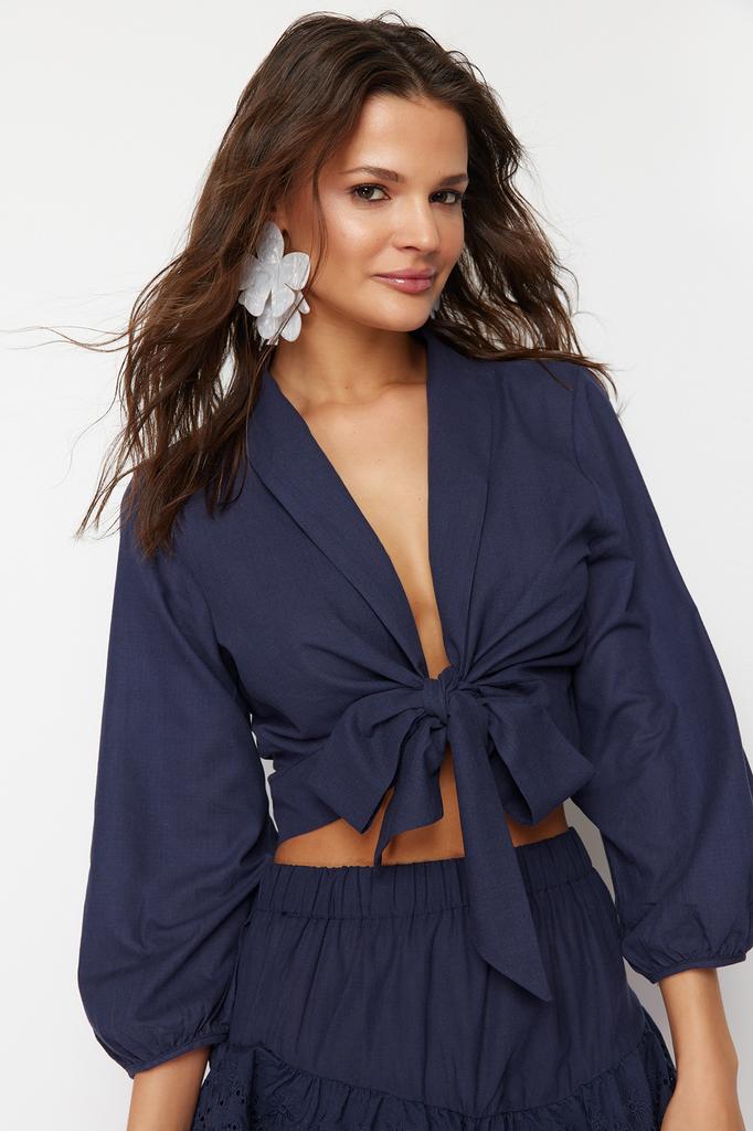 Women's Fashion New Blouse Pink Crop Woven Tie Up Blouse