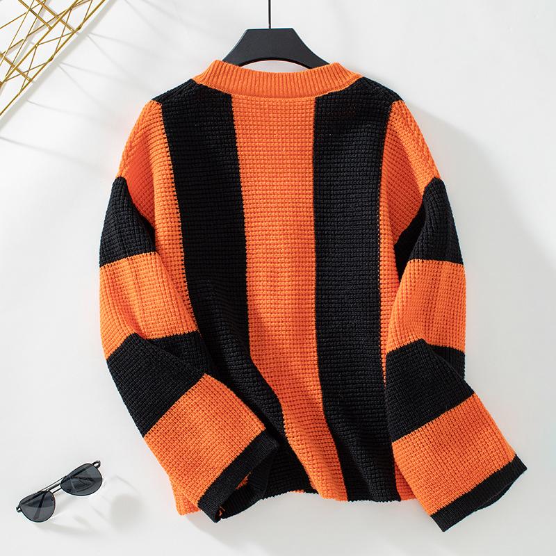 Plus Size Women's Fashion Knitwear Autumn and Winter Striped Clashing Colours Loose Flared Sleeve Sweater Knitted Cardigan