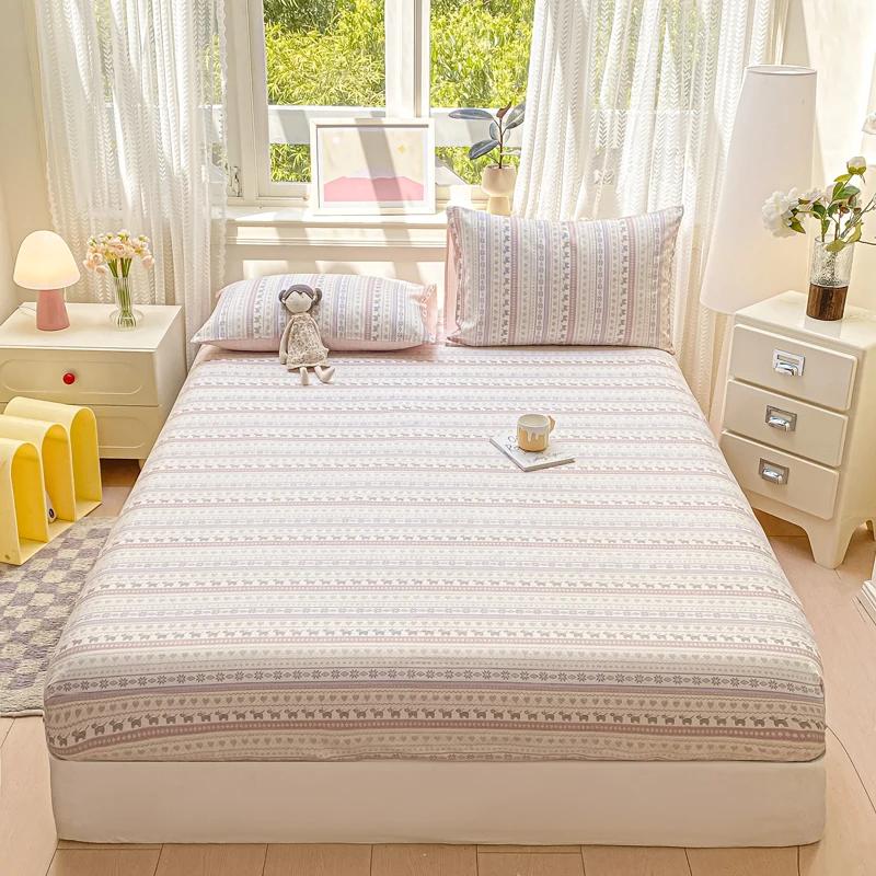 Pure Cotton Printed Fitted Sheet Soft Comfortable Mattress Cover With Elastic Band For Single Double Queen Size Bed