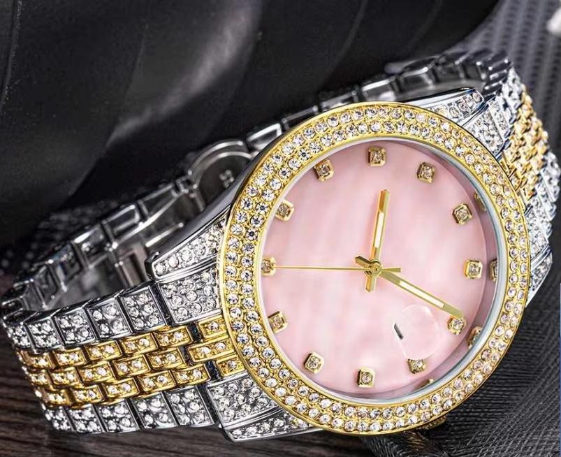 THE BLING KING Розовый циферблат из перламутра, полностью инкрустированные, двухцветные кварцевые часы, водонепроницаемые часы для бизнеса, для мужчин и женщин