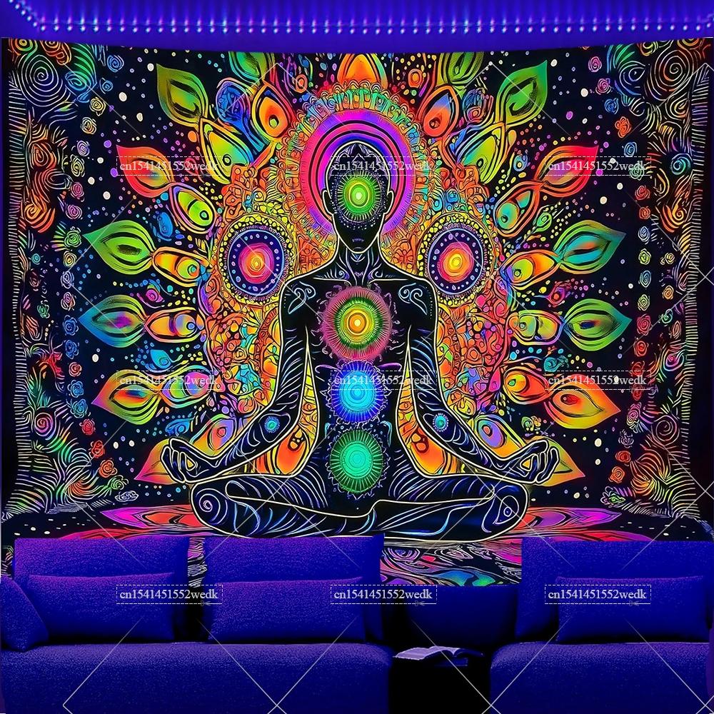 Blacklight Tapestry Seven Chakra Yoga Meditation Tapestry UV Reactive Black Light Poster Lotus Spiritual Wall Hanging For Room