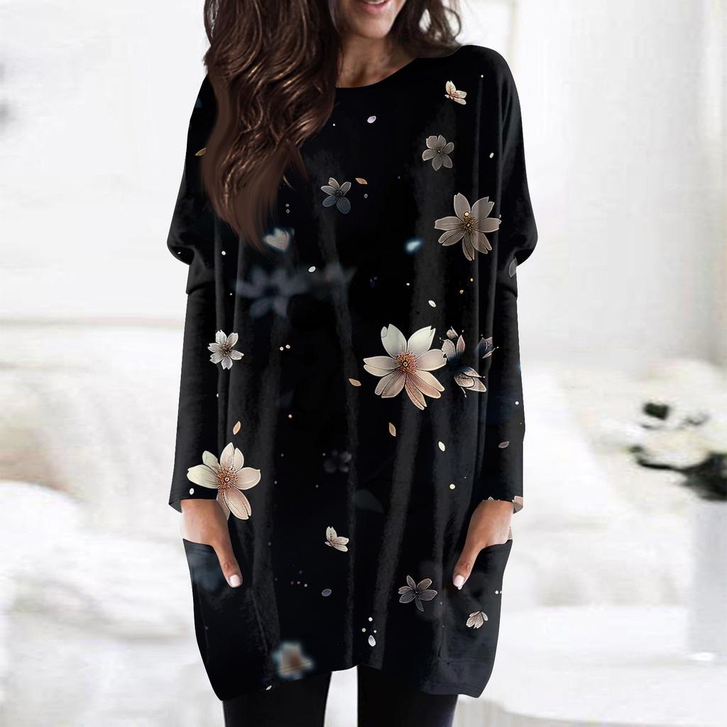 Women's Fashion Casual Long Sleeve Print Round Neck Double Pocket T-Shirt Top
