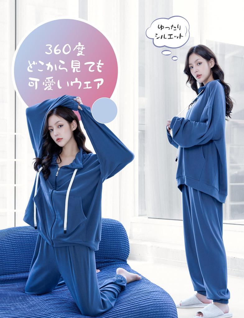 Room Wear Pajamas Loungewear Warm Top and Bottom Set Long Sleeve Warm Cute New Material Blue [MiniZaru] Women's Autumn/Winter (526 L)
