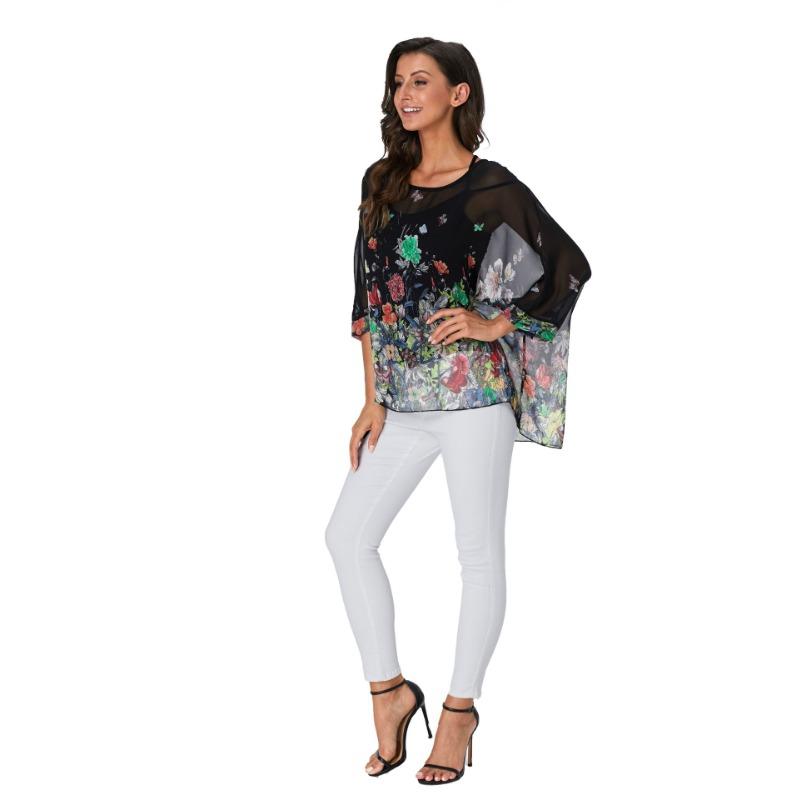 Шифоновая блузка в богемном стиле с цветочным принтом, повседневная блузка с рукавами «летучая мышь», хиппи, полупрозрачные свободные топы