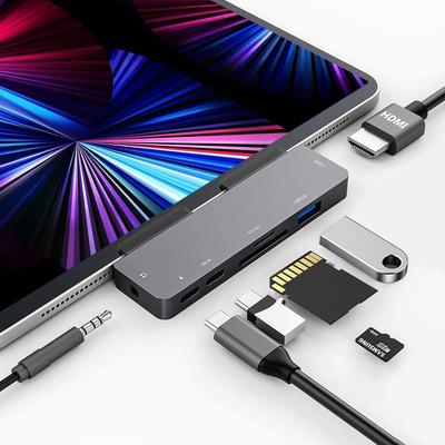 7в1 Новейший док-хаб для iPad Pro Air Mini 6 с выделенным док-портом, выход 4K HDMI, зарядка PD 60 Вт, передача данных 5 Гбит/с, устройство для чтения SD-карт, разъем для наушников, Type-C
