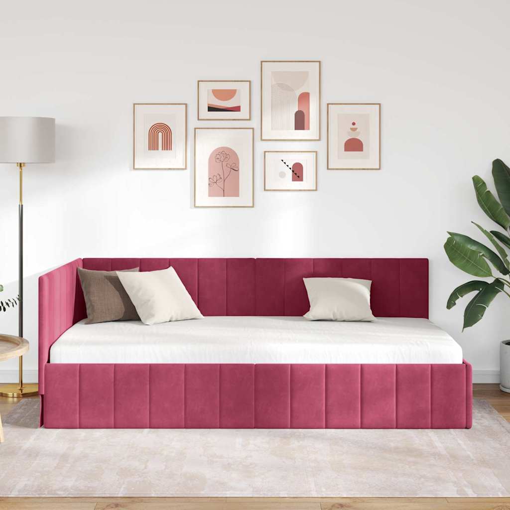 L shaped bed frame with headboard burgundy 90 cm x 190 cm velvet