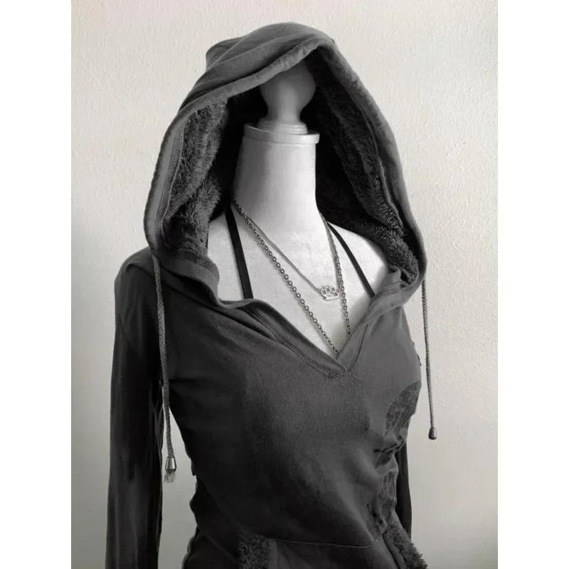 Американская ретро-субкультура Y2K, серая футболка с длинными рукавами, оригинальная толстовка с капюшоном в старом стиле, облегающий женский топ для улицы, осенняя мода