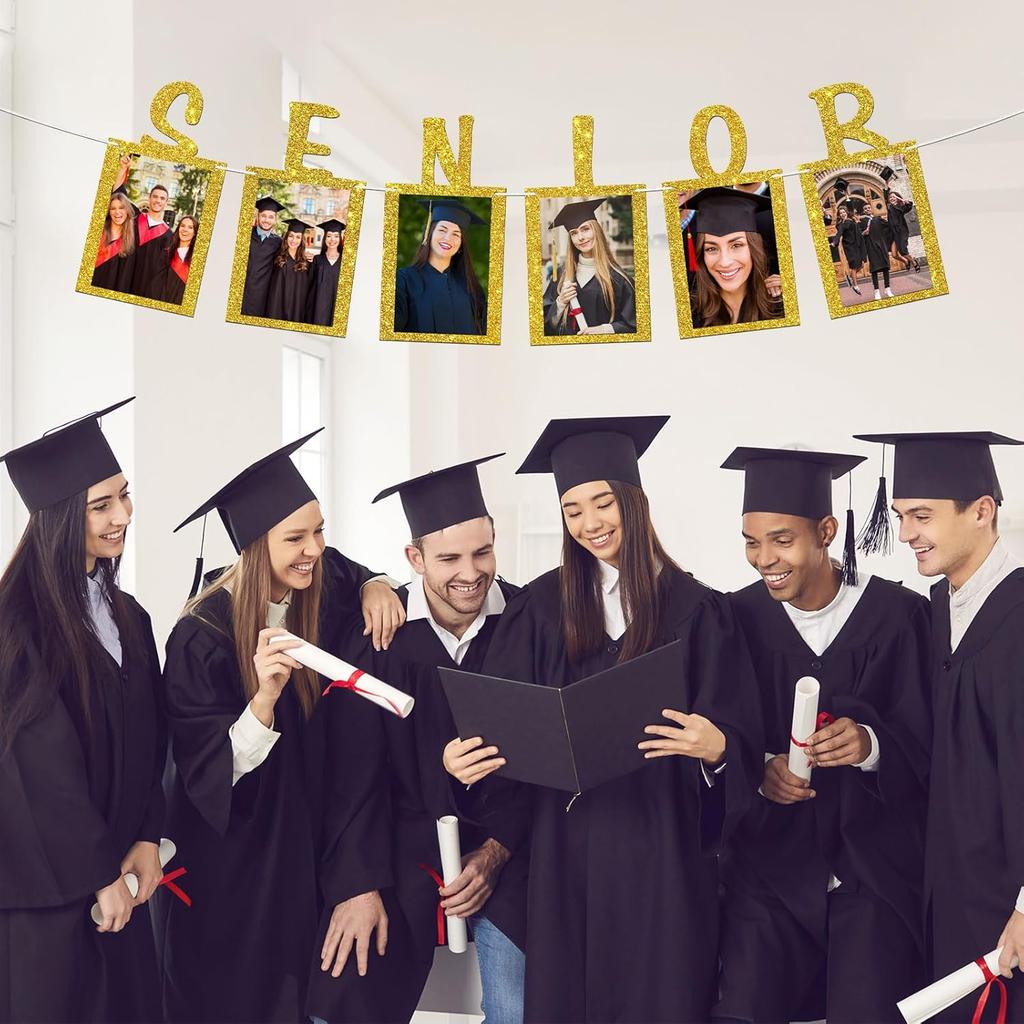 Senior Photo Banner Congrats Grad Paper Photo Frame High School College Graduation Bunting Decorations Congrats Senior Picture Banner Gold Glitter