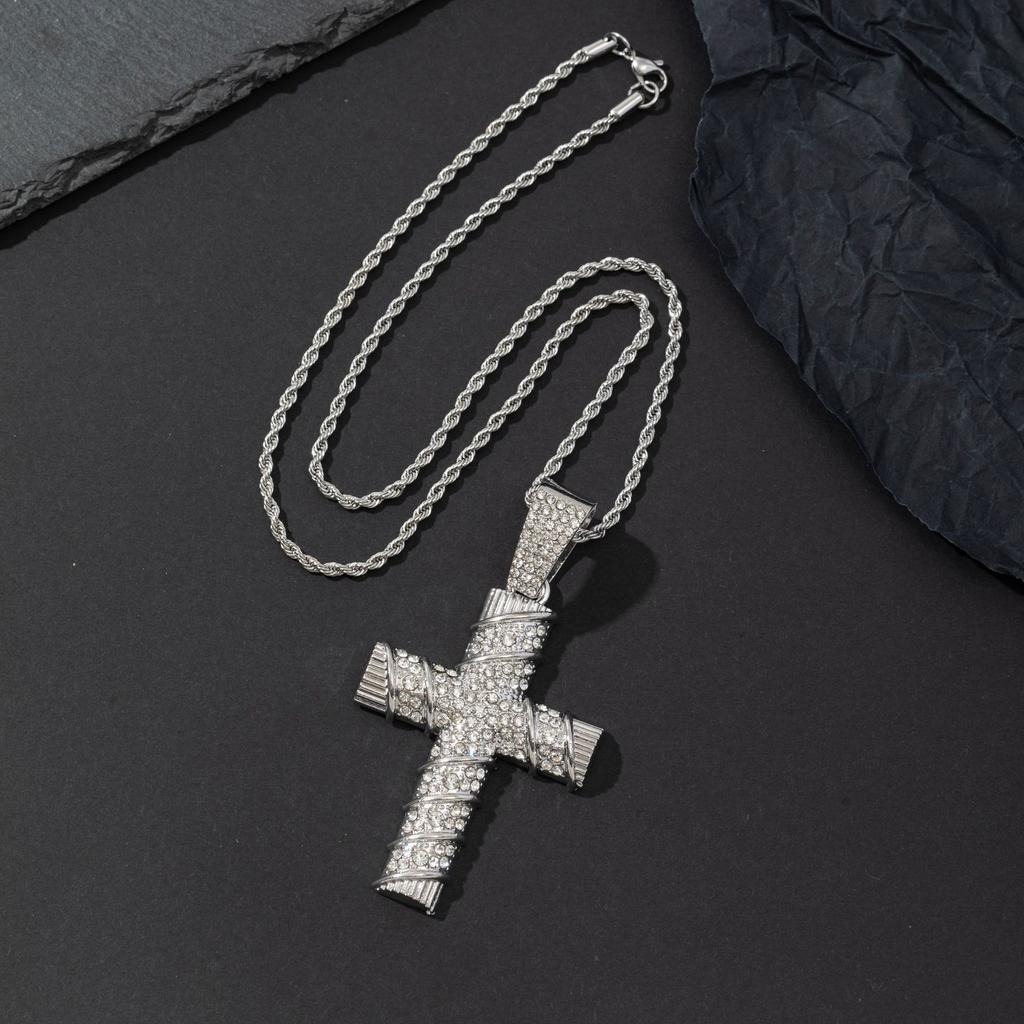 Large Cross Full Zircon Pendant Necklace Men European American Hip Hop Street Trend Personalized Cuban Chain Neck Jewelry Gift