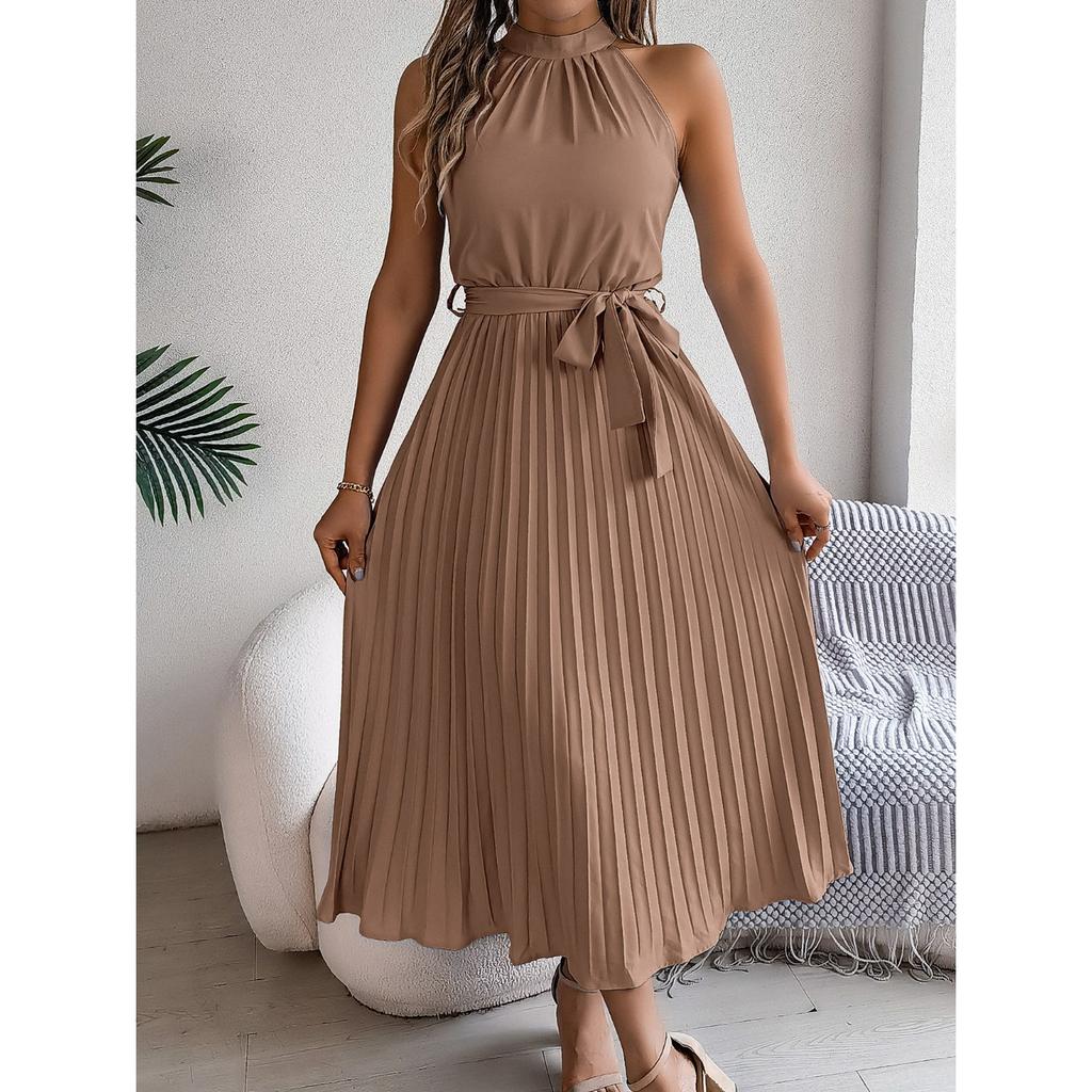 HNXC Весна Лето Элегантное Платье с Воротником-стойкой, Без Рукавов, Приталенное, Плиссированное, Длинное, Женская Одежда