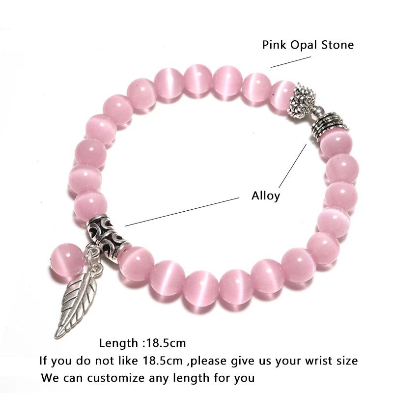 Genuine Cat Eyes Stone Bracelet For Women Natural Moonstone Braslet Leaf Pendant Braclet Pink Opal Brazalete Girlfriend Gift