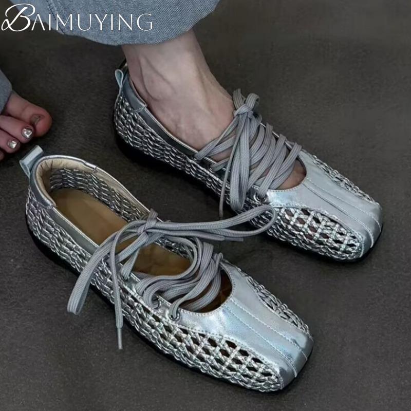 Lace-Up Flats Ballet Shoes Square Toe Weave Women Sandals Sport Casual Sneaker 2025 Trend Summer Shallow Soft Leather Sandalias