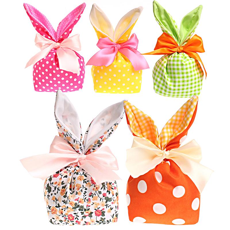 1Pc Candy Bag Easter Figure Originality Silk Ribbon Cartoon Rabbit Ear Floral Print Fabric