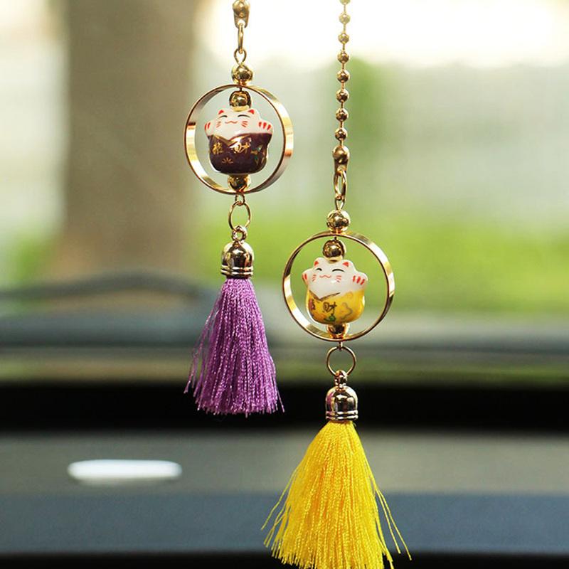 2Pcs Car Pendant Smiling Lucky Cartoon Cat Decoration Auto Interior Rear view Mirror Fur tassels Hanging Ornament Accessories
