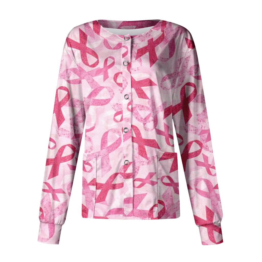 Women's Fashionable Casual Pocket Long Sleeved Themed Printed Round Neck Top