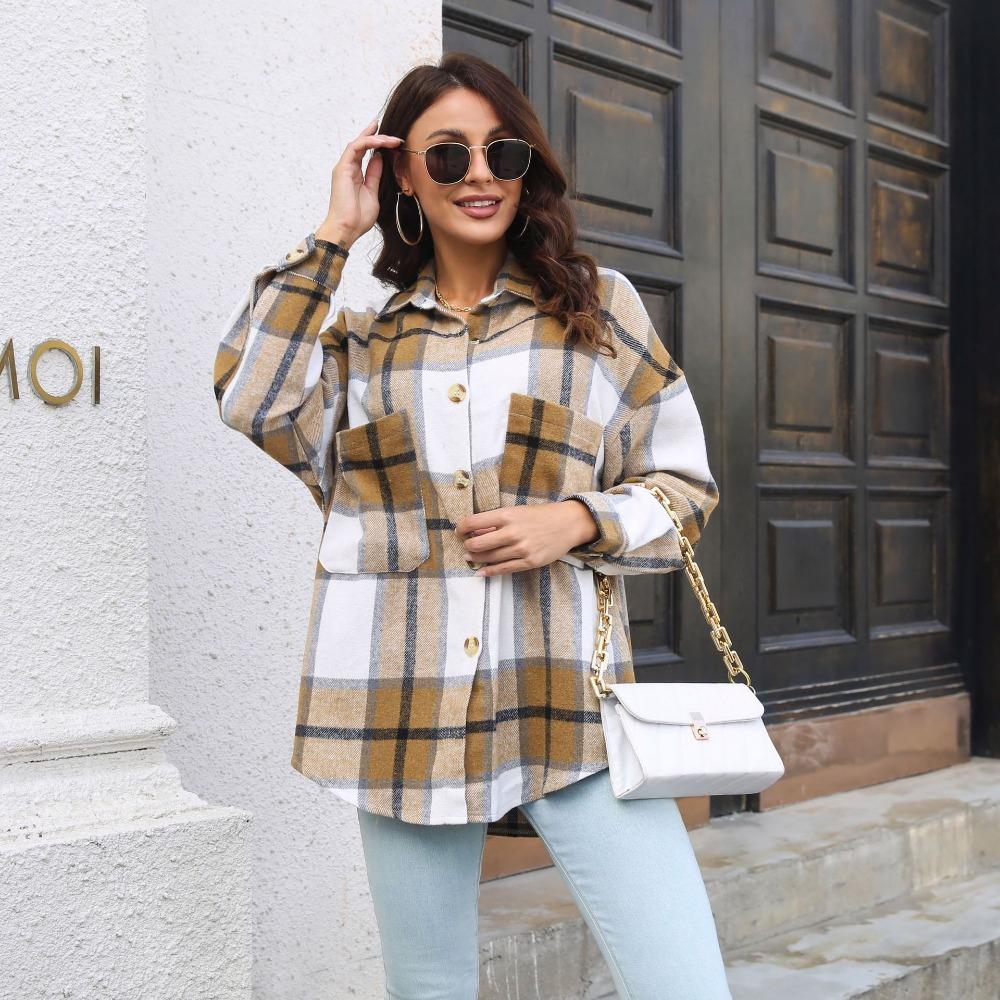 GMXIA Женские модные повседневные блузки и рубашки-поло с длинным рукавом и клетчатым принтом