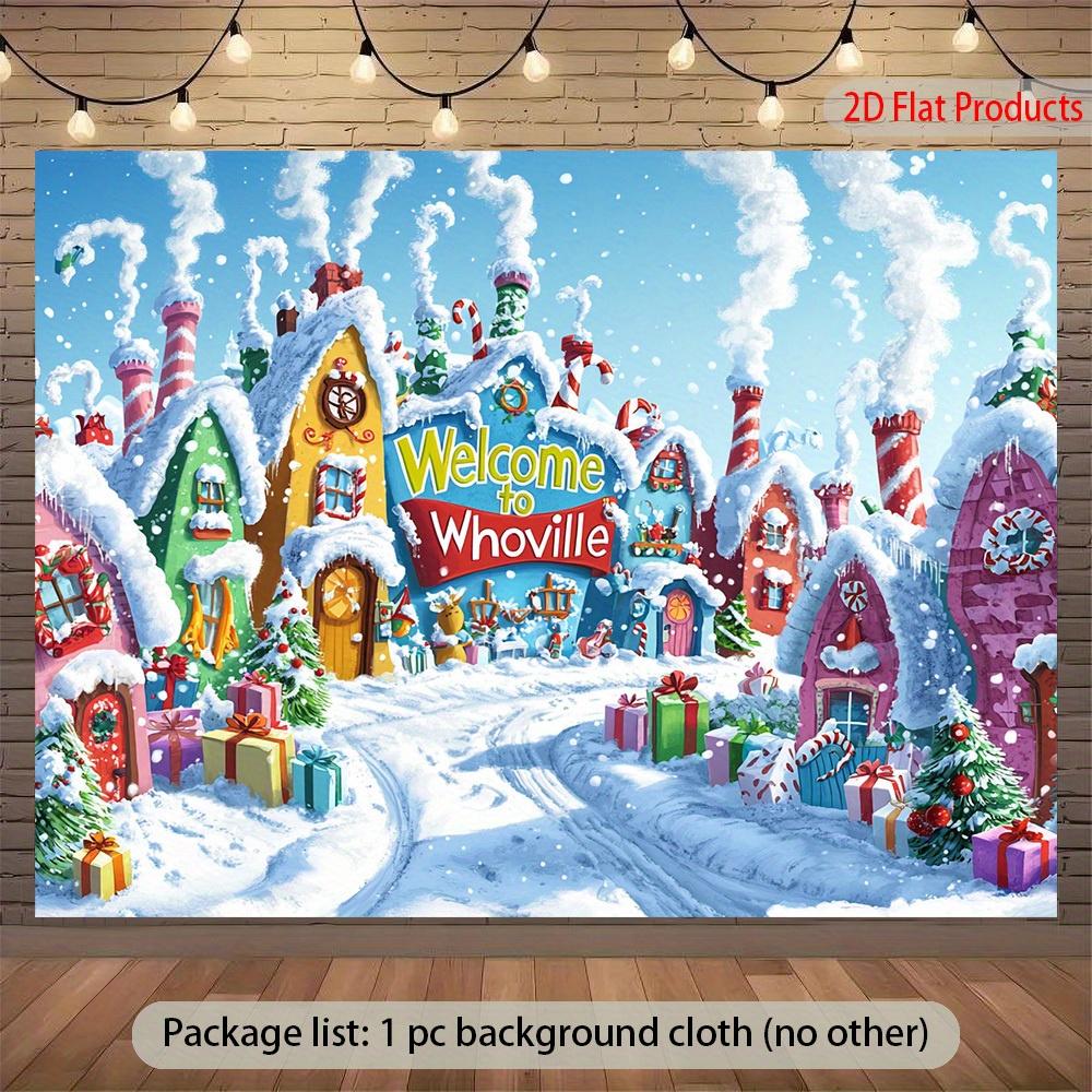 A 2D flat Whoville winter village banner background - a snowy village scene, suitable for festive party decoration