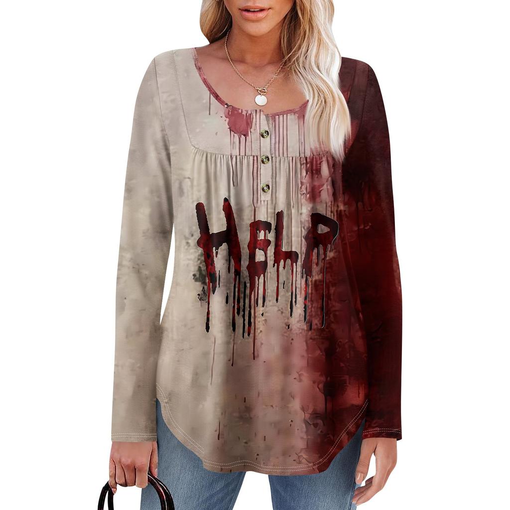 Женская туника с длинным рукавом, свободные топы, повседневные топы оверсайз, плиссированная туника, застегивающаяся на пуговицы, повседневные женские топы с принтом