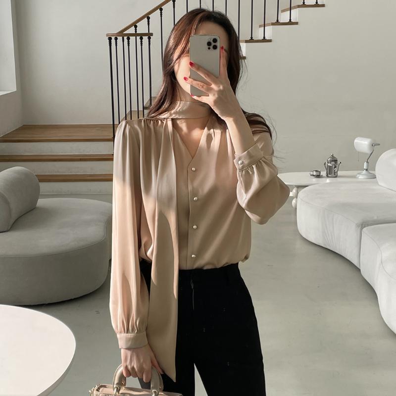 Fashion Long Sleeve Casual Shirt Women Spring and Summer Bow V-neck Solid Button Up Loose Blouses Women Elegant Simple Office Shirt Chic Tops 26436