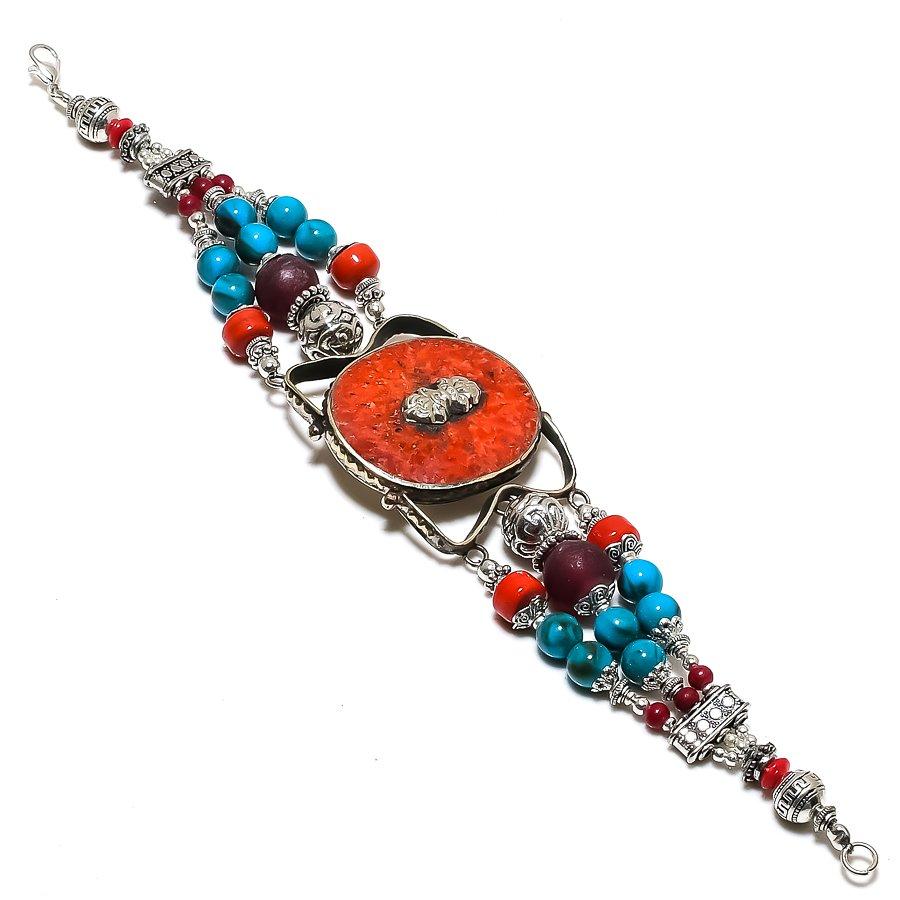 Red Coral Turquoise Bracelet Handmade Bahamas Tibetan Nepali Jewelry 9" NBB 3453