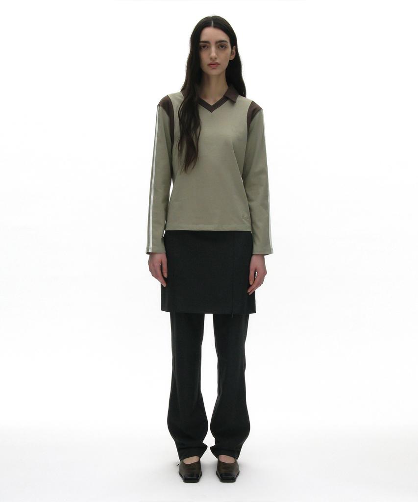 PARTIMENTO WOMEN Striped Colorblock Polo Tee_Light Khaki