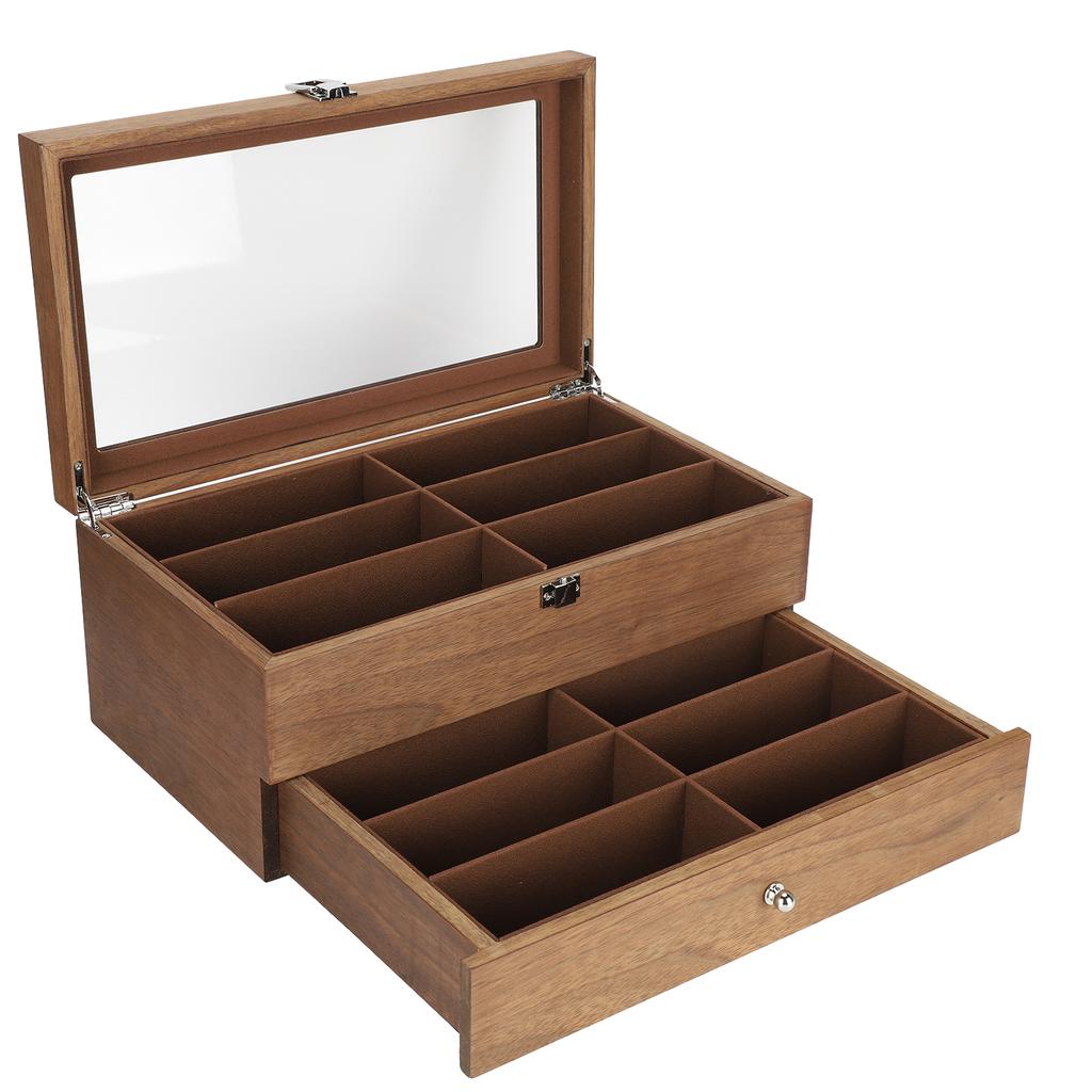 12 Slots Glasses Box Wooden Double Layer Glasses Display Case Box Organizer Decoration