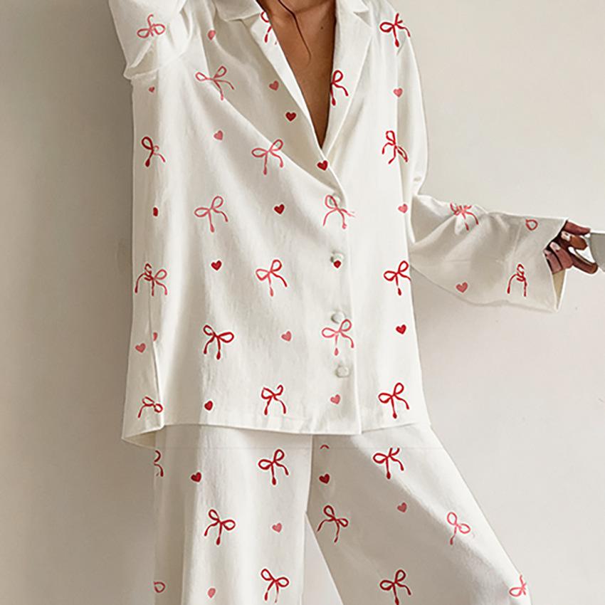 Loose love printing long-sleeved trousers pajamas autumn and winter new satin loungewear suit European and American style
