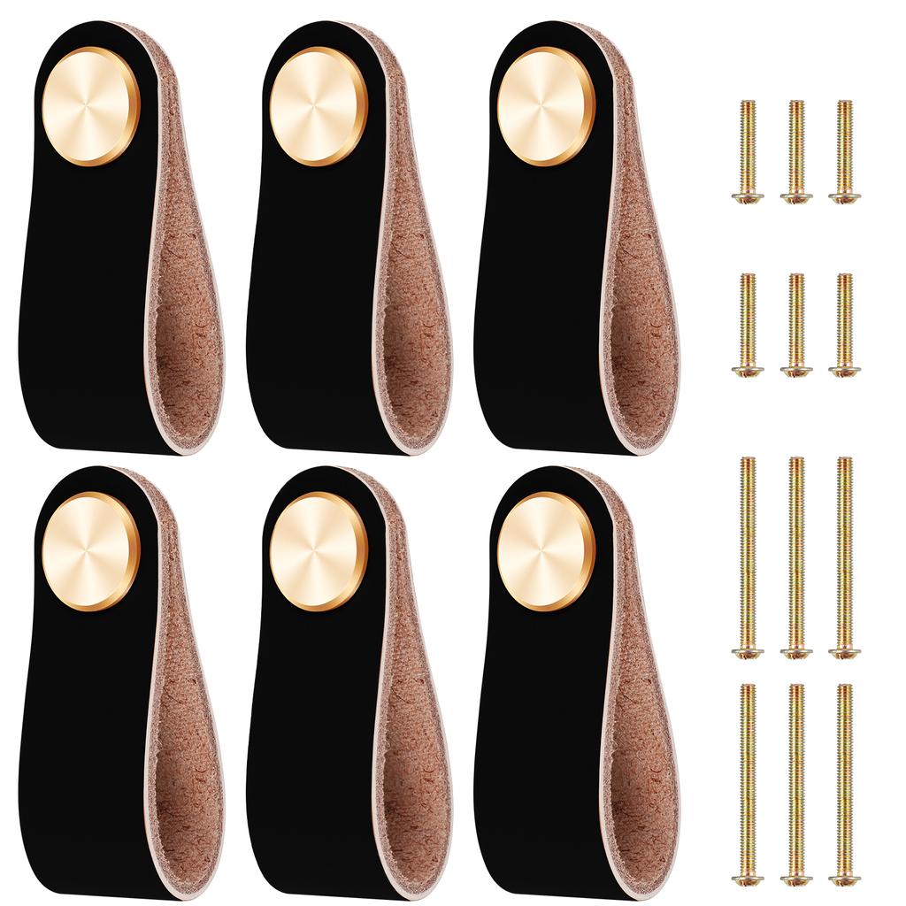 6Pcs Leather Drawer Pulls Cabinet Wardrobe Door Drawer Knob Nordic Style Thickened Cow Leather Pulls with Brass Buckles