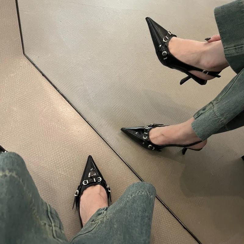 Tacones de mujer, Zapatos de tacón alto con perlas para mujer, sandalias sexys con punta puntiaguda, a la moda, para banquete,