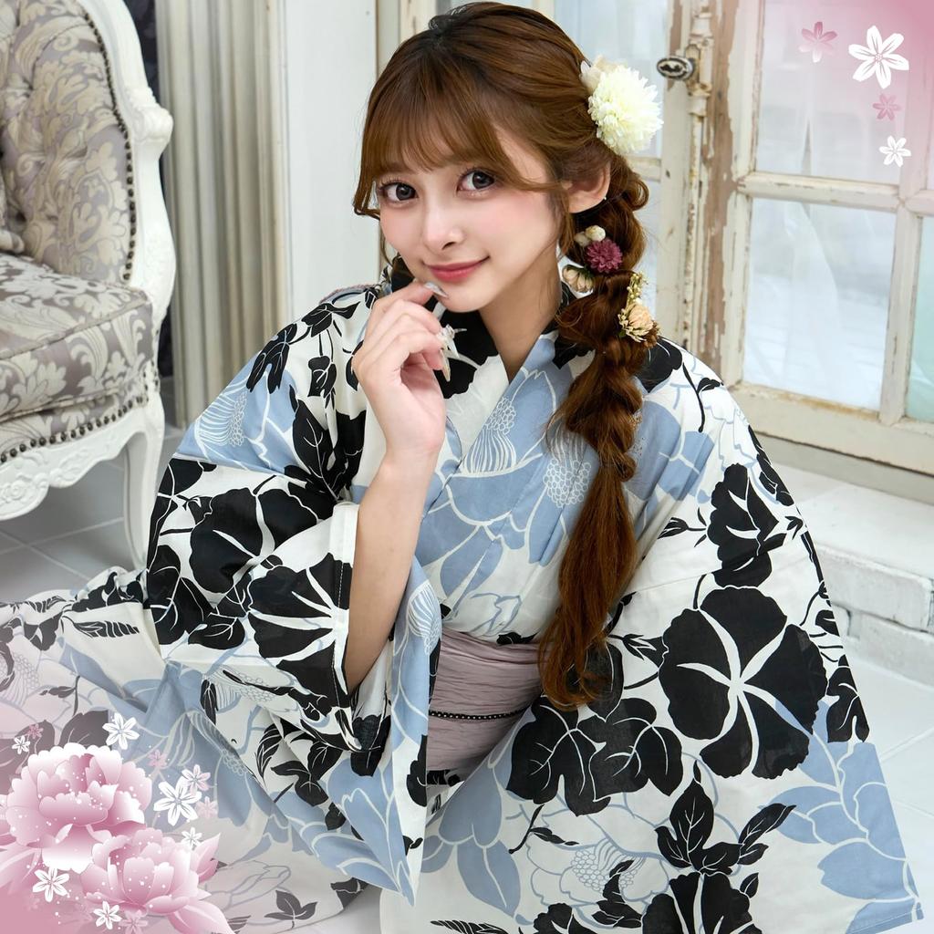 RAVIR Yukata Set with Morning and Gray Camellia Fluffy Obi and Geta One Size Fits All Women's 3-Piece White, Black, Glory, Patterns, Belt, Sandals,
