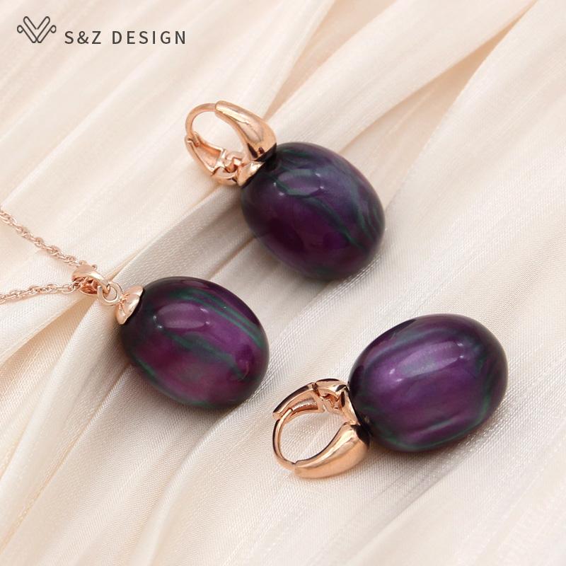Stylish Egg Shape Oval Resin Colorful Beads Drop Earrings Jewelry Sets For Women Wedding Party Elegant Fashion Rose Gold Color Necklace
