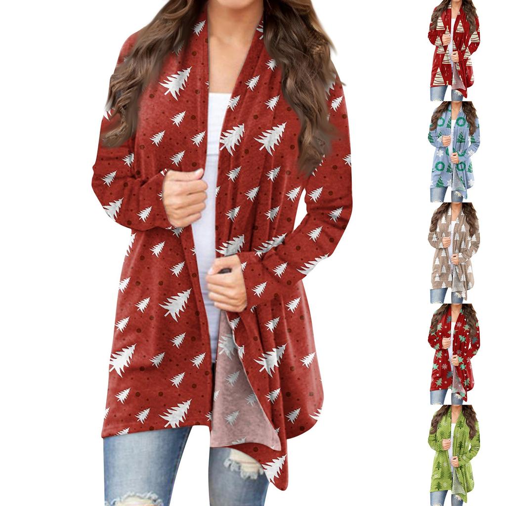 Рождественская женская мода Повседневная куртка-кардиган с длинным рукавом с принтом