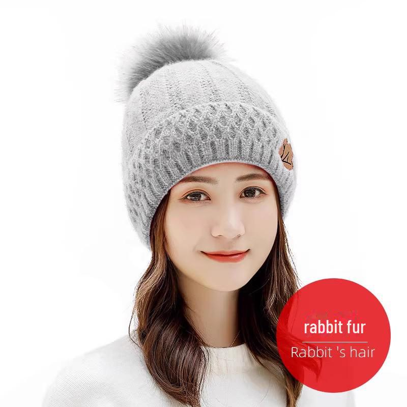 Korean Style Women's Winter Hat: Fashionable Rabbit Wool, Velvet-Lined, Warm Knitted Pullover.