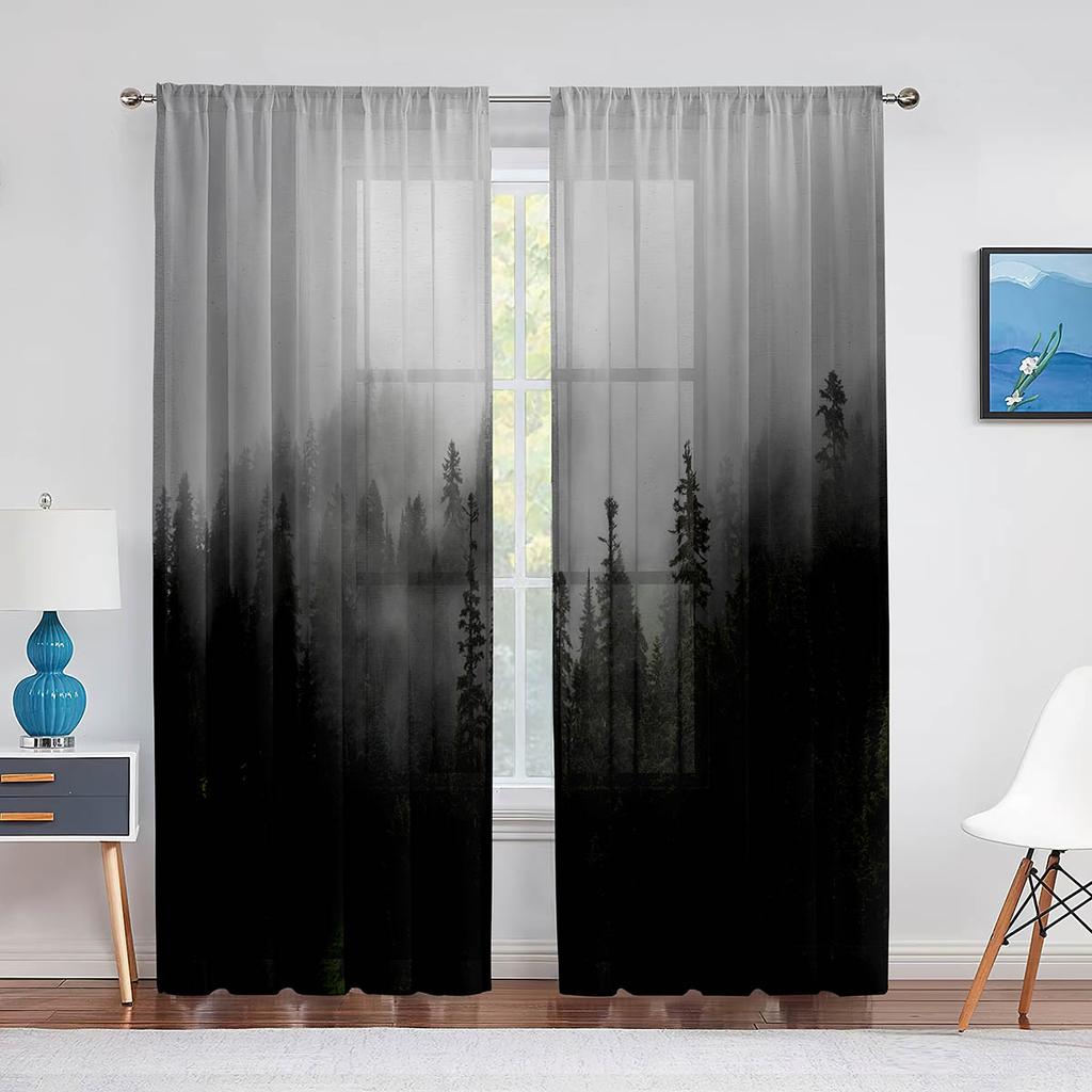 Туманный лес, прозрачная вуаль, туманная живописная зеленая природа, пейзаж, окно, тюлевые шторы для спальни, гостиной, кухни, декор